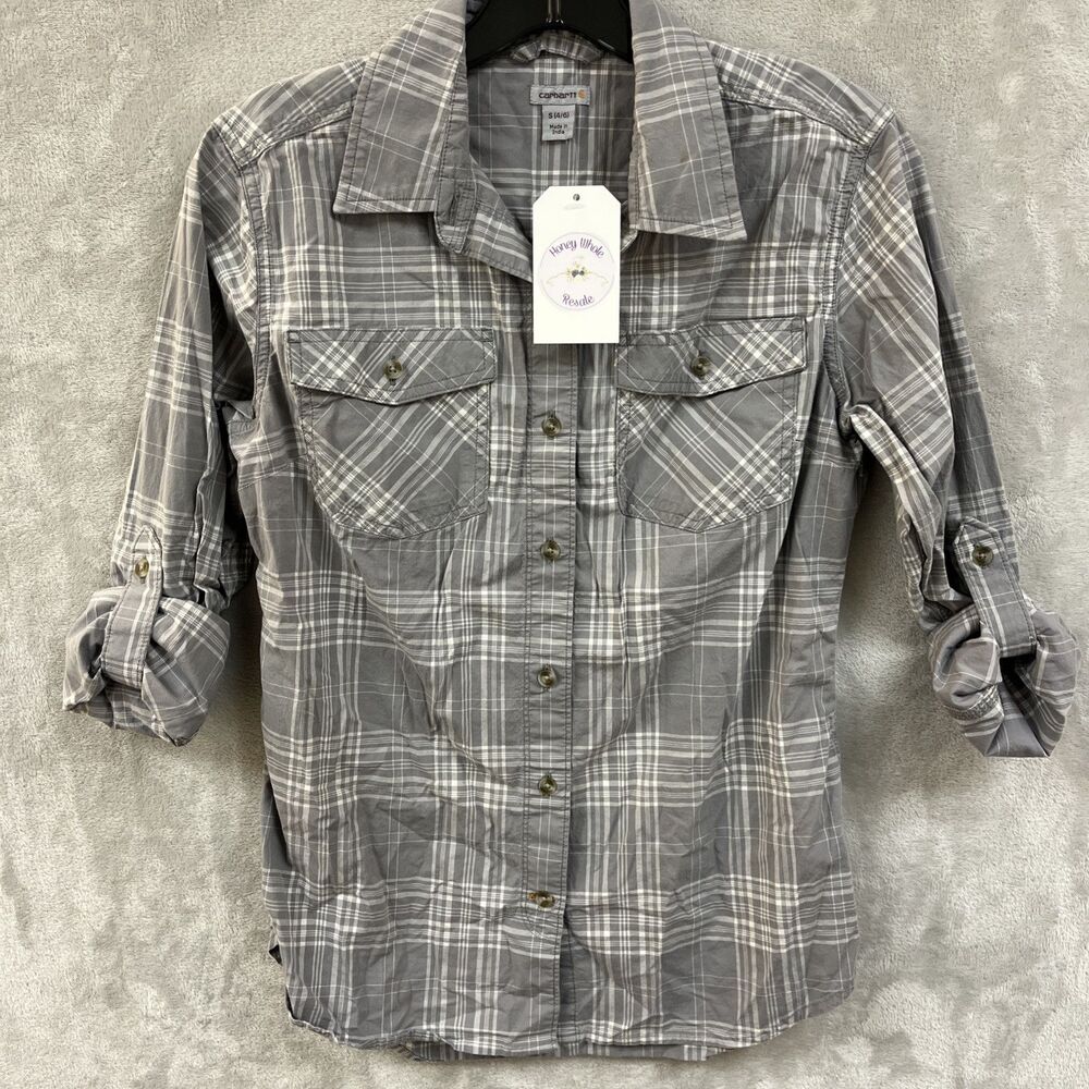 Carhartt Shirt Women’s S Gray‎ Plaid Button Up Roll Tab Long Sleeve Collared